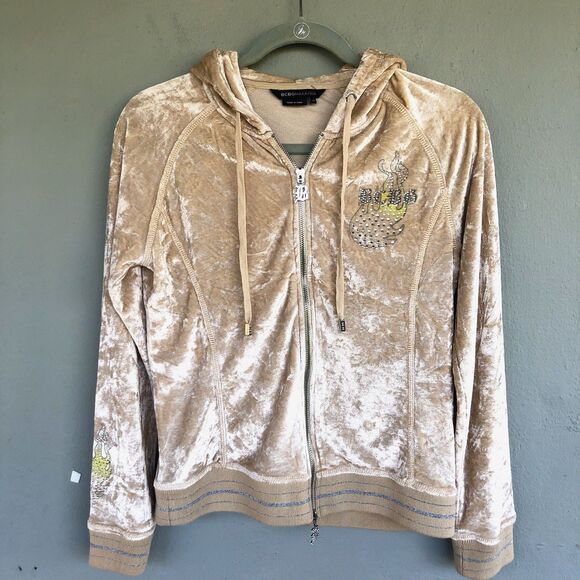 Vintage BCBG Max Azria Velour Hoodie Jacket Women M Gold Rhinestone Flames Y2K - Picture 2 of 10